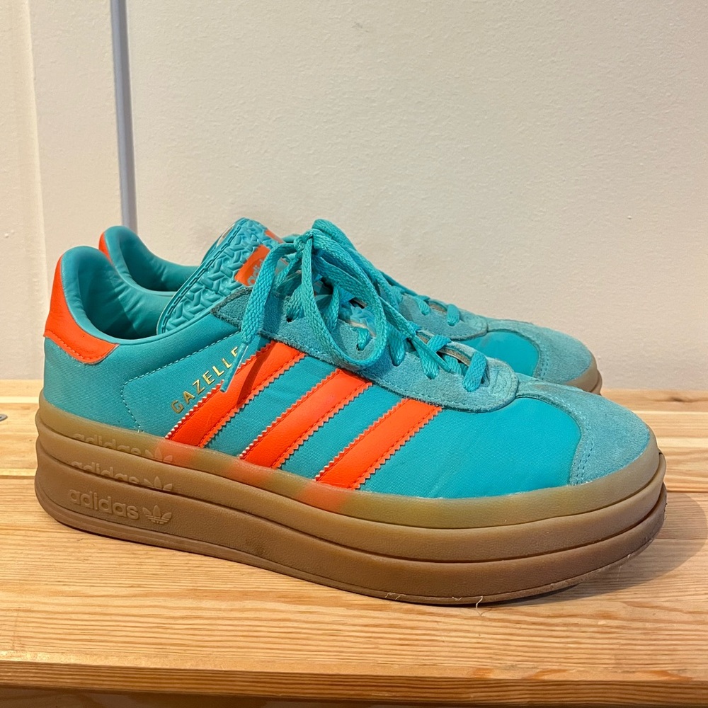 Adidas Women's Gazelle Turquoise and Orange Sneakers - Picture 1 of 5